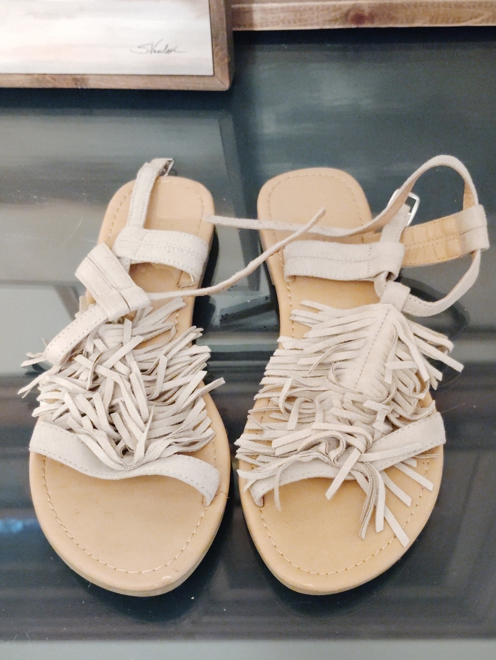 Charlotte Russe Creamish/Tan/Fringe Ankle-Strap Sandals